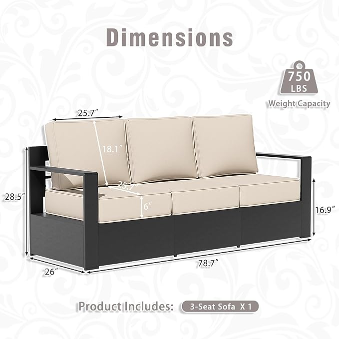 3 PCS Aluminum Patio Conversation Set - Outdoor 3-Seater Sofa, 2 360° Swivel Chair with 6" Thick Water-insistant Cushions, All-Weather Use Frame, Removable Cover, Ideal for Garden, Poolside (Beige)