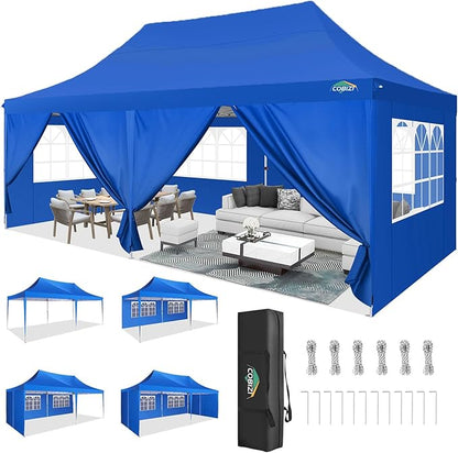COBIZI 10x20 Pop Up Canopy with 6 Sidewall, Commercial Canopy UPF 50+ Waterproof Outdoor Gazebo with Carry Bag, Tents for Parties with Upgrade Frame, 3 Height Adjustable, Blue