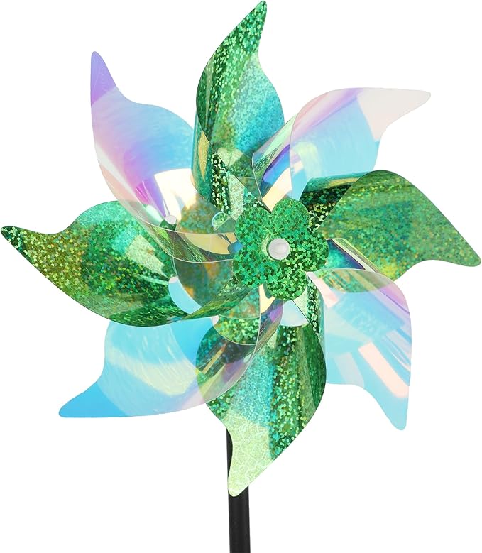 winemana 12 Pcs Reflective Pinwheels Outdoor, Wind Spinners for Yard & Garden, Sparkly Bird Repellent Windmill Scare Birds Away, Deterrent Devices for Outside Patio Lawn Spring Decor (Green)