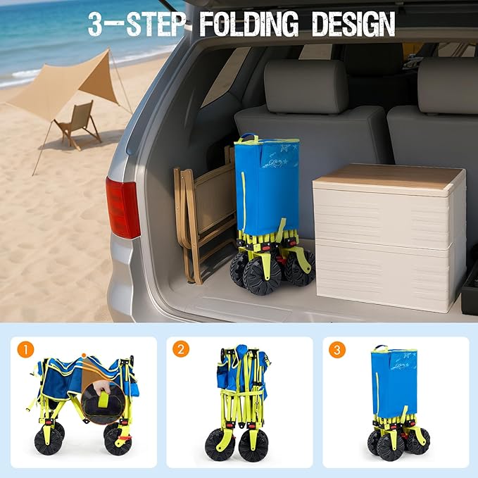 Old Bahama Bay 550lbs Extra Long 49" L Beach Wagon with Big Wheels with Brake for Sand, Collapsible Utility Beach Cart Heavy Duty Folding Wagon,Ideal for Outdoor Sand Camping Garden Pet