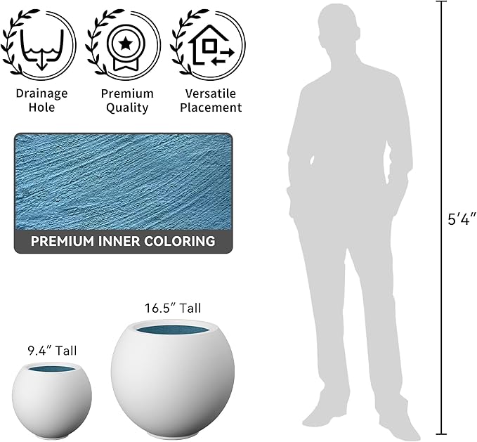 Kante Round Concrete Flower Pot, 19.3 Inch Dia (14" Opening) Sphere Shape Design Planter with Drainage Hole and Rubber Plug for Indoor & Outdoor Plants, White Finish with Aqua Blue Interior
