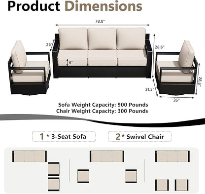 Outdoor Patio Furniture Set, 3-Piece Aluminum Patio Conversation Set All-Weather Metal Outdoor Sectional with 6 Inch Thick Cushions, Deep Setting for Garden, Outside and Porch