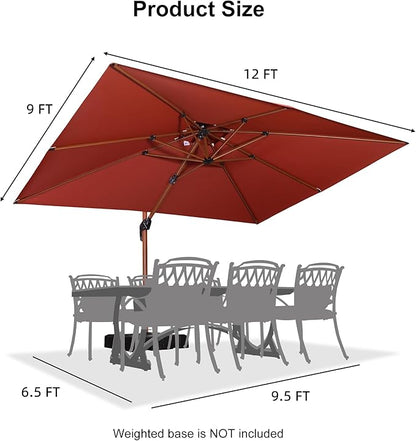 PURPLE LEAF 9' X 12' Double Top Deluxe Wood Pattern Rectangle Patio Umbrella Offset Hanging Umbrella Outdoor Market Umbrella Garden Umbrella, Brick Red