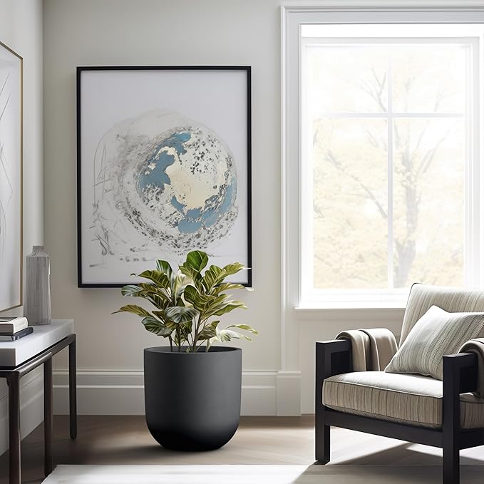 Kante 16.5" Round Concrete Planter, Large Cylinder Plant Pot with Curved Bottom and Drainage Hole, for Indoor and Outdoor Use – Garden or Patio, Black Finish with Warm Brown Interior