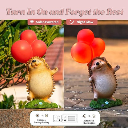 WHIMSYNOOK 10.4" Resin Hedgehog with Balloon Solar LED Garden Statue Light, Ideal for, Porch, Lawn, Yard, Housewarming, or Birthday Gifts for Mom, Family, and Hedgy Lovers