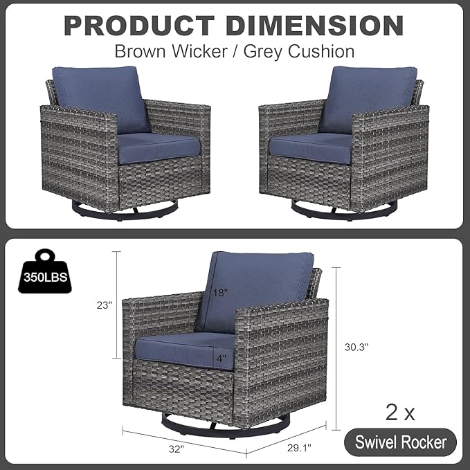 Luxury Outdoor Swivel Rocker Patio Chairs Set of 2, Swivel Patio Chairs for Porch, Yard, Deck, Poolside, Grey/Blue