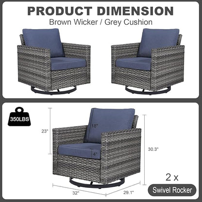 Luxury Outdoor Swivel Rocker Patio Chairs Set of 2, Swivel Patio Chairs for Porch, Yard, Deck, Poolside, Grey/Blue