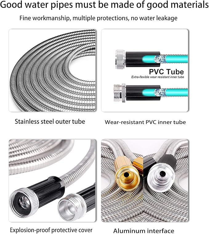 100ft Metal Garden Hose Stainless Steel Heavy Duty Water Hose With 2 Nozzles, No Tangle and Kink, Lightweight & Flexible, Tough and Pet Proof, Metal Garden Hose for Yard, RV, Garden, Outdoor