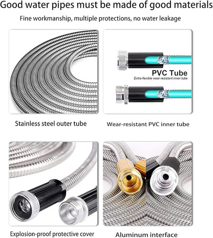 100ft Metal Garden Hose Stainless Steel Heavy Duty Water Hose With 2 Nozzles, No Tangle and Kink, Lightweight & Flexible, Tough and Pet Proof, Metal Garden Hose for Yard, RV, Garden, Outdoor