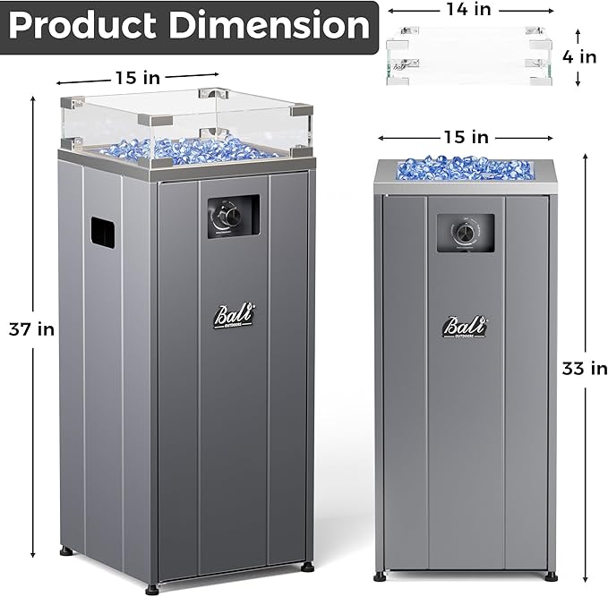 BALI OUTDOORS 15 inch Gas Fire Pit, Outside Propane Firebowl with Glass Wind Guard, Patio Square Fireplace with Fire Glass Stone for Backyard, Garden and Terrace