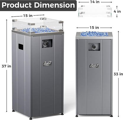 BALI OUTDOORS 15 inch Gas Fire Pit, Outside Propane Firebowl with Glass Wind Guard, Patio Square Fireplace with Fire Glass Stone for Backyard, Garden and Terrace