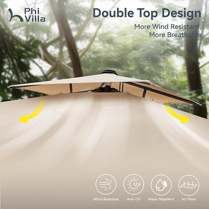 PHI VILLA 9’ x 12’ Cantilever Patio Umbrella with Base, Outdoor Rectangular Heavy Duty Large Umbrella with Hydraulic Lift and 360° Rotation, Beige