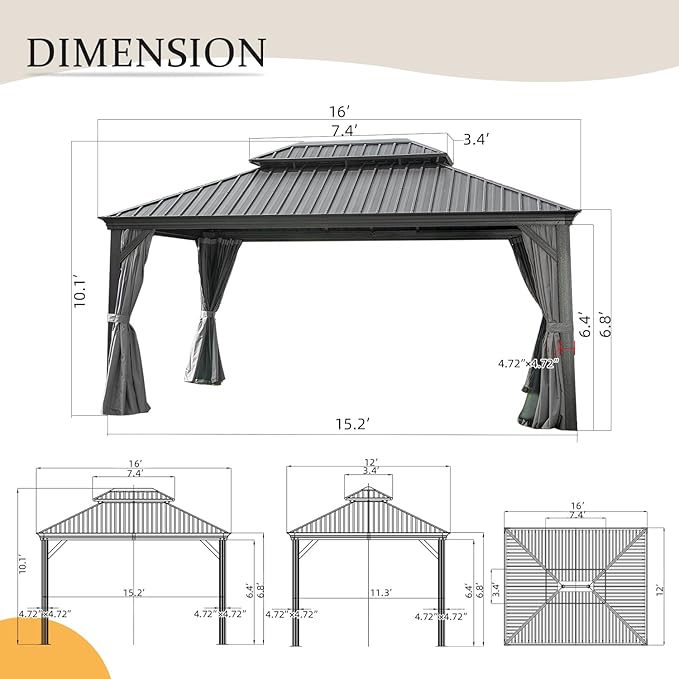 Domi 12' X 16' Hardtop Gazebo Outdoor Metal Gazebo with Galvanized Steel Double Roof Canopy, Aluminum Frame, Curtains and Netting for Patio, Deck, Garden, Grey