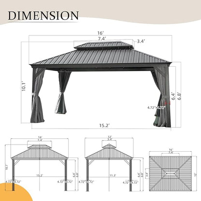 Domi 12' X 16' Hardtop Gazebo Outdoor Metal Gazebo with Galvanized Steel Double Roof Canopy, Aluminum Frame, Curtains and Netting for Patio, Deck, Garden, Grey