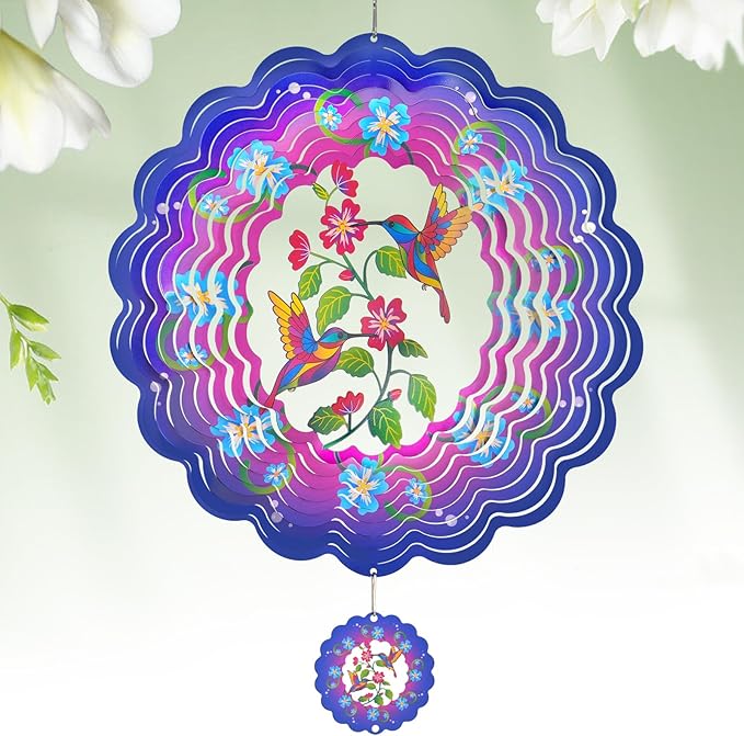 Wind Spinners - 12 Inches Large Hummingbird Wind Sculptures, 3D Reflective Metal Wind Spinner for Yard and Garden, Hummingbird Gifts for Daughter, Mom, Grandma's Birthday, Purple