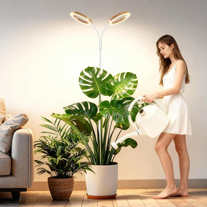 Full Spectrum Grow Light with Stand for Indoor Plants, Floor Plant Light, 6/12/18H Timer, 3 Color Modes, Adjustable Height 16.5–68in, for Large Plants & Home Décor(2 Heads,Faux Wood Grain)