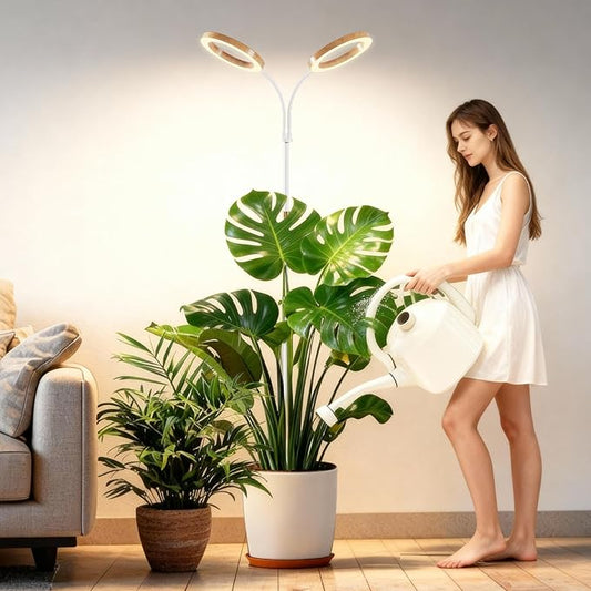 Full Spectrum Grow Light with Stand for Indoor Plants, Floor Plant Light, 6/12/18H Timer, 3 Color Modes, Adjustable Height 16.5–68in, for Large Plants & Home Décor(2 Heads,Faux Wood Grain)