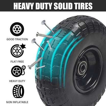 10" Solid Rubber Tires, 2 Pack Flat Free 4.10/3.50-4'' Wheels with 5/8” Axle Bore Hole and Double Sealed Bearings - Compatible with Hand Truck, Wheelbarrow, Dolly, Gorilla Carts, Black