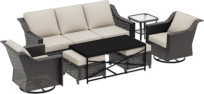 7 Pieces Outdoor Conversation Furniture Set - 77" Patio Sofa, 2 Swivel Rocker Chairs, 2 Ottomans, 1 Side Table, 1 Metal Table, Wicker Couch with Washable Cushions for Balcony (Beige)