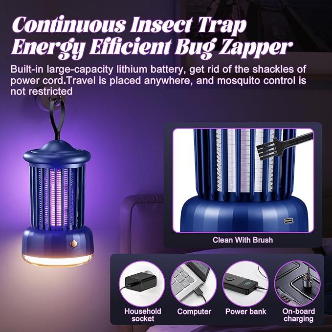 Bug Zappers, Portable USB Rechargeable with 360° Smart Zapping, Camping Lamp, Quiet Operation, Safe for Baby and Pregnant, Ideal for Garden, Home, Campsite