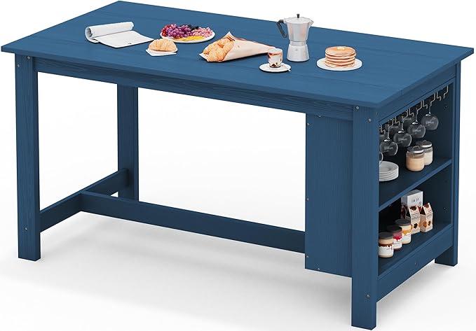 SERWALL Outdoor Bar Table, All Weather HDPE 36" Counter Height Dining Table with Storage and Wine Rack for Patio, Garden, Backyard, Balcony, Poolside, Blue
