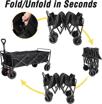 Beach Cart Large Capacity, Heavy Duty Folding Wagon Portable, Collapsible Wagon for Sports, Shopping, Camping Collapsible Foldable cart(440 LBS Capacity)