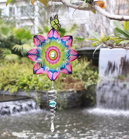 SPRING SONG Butterfly on Mandala Flower Wind Spinner for Yard and Garden Stainless Steel Spinner Indoor and Outdoor Hanging Decor Crafts Ornament Gifts Kinetic Art Yard Garden Hanging Wind Spinner