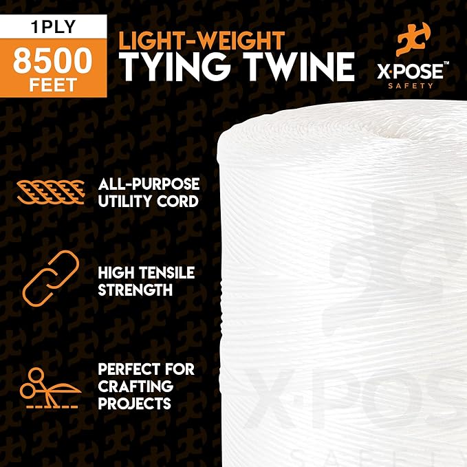 Polypropylene Tying Twine - 1 Ply White Plastic Poly Twine String 8500' Roll - Soft On Hands - Heavy Duty Outdoor & Indoor Tie Line - Baling Twine, Shipping & Bundling Twine, Packaging Rope 2 Pack