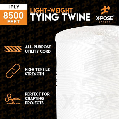 Polypropylene Tying Twine - 1 Ply White Plastic Poly String 8500' Roll - Soft On Hands - Heavy Duty Outdoor & Indoor Tie Line - Baling & Shipping Twine, Packaging Rope 4 Pack