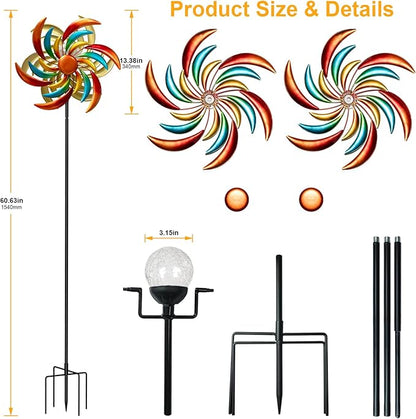 360° Wind Spinners Outdoor with Solar Lights Colored Leaves Garden Decor Yard Lawn Art Decor for Patio Kinetic Windmills 60.63'' H x 13.38'' Dia Unique Gifts for Friends and Family