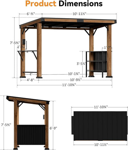 Modern Shade Woodberry Grill Gazebo 6' X 12', Cedar Wood Gazebo with Dual bar Tops & Shelves, Patio Pavilion with Galvanized Steel Roof, USB and USB-C Charging Ports for Patio, Garden