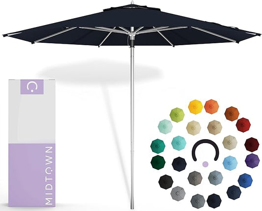 Midtown Umbrellas Push Pop Sunbrella Umbrella 10 Feet Large Outdoor Umbrella With Canvas Navy Acrylic Fabric - Deck Patio Umbrella, Backyard Umbrella, Garden Umbrella & Pool Umbrella - Black Pole