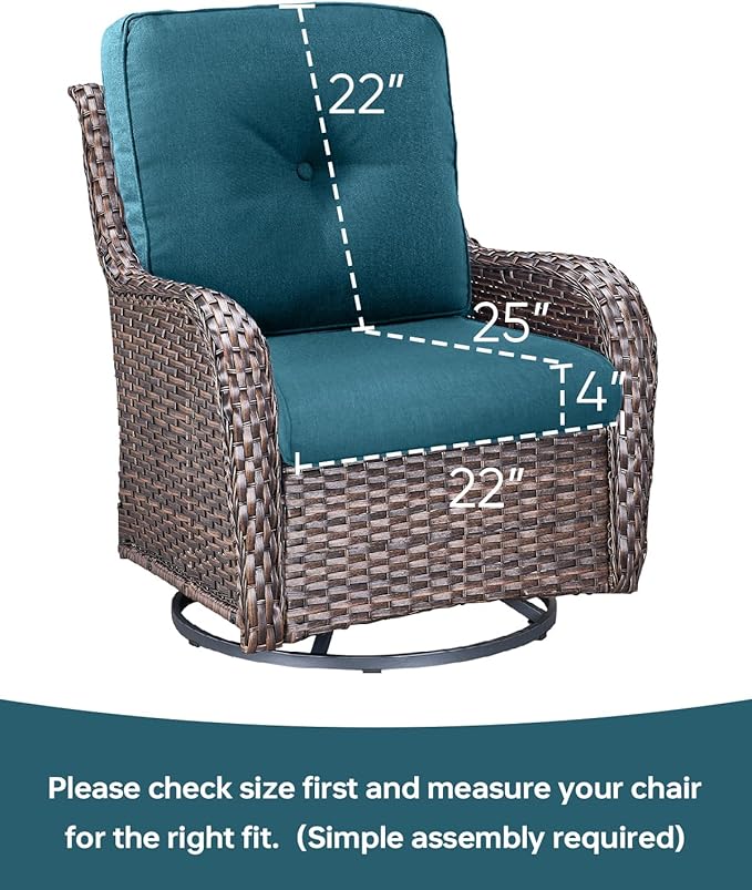 Pop 22x25/22x24 Outdoor Cushions for Patio Couch Chairs Set of 3 - High Back Comfy Outside Seat Cushions for Wicker Rocker Glider Loveseat 3-Seater Sectional Sofa - Peacock Blue/Button