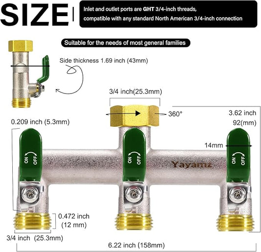 3 Way Garden Hose Splitter, Heavy Duty Brass Nickel Plated Rust Resistant Faucet Manifold, 3/4" Frost Resistant Outdoor Hose Adapter Connector，Hose Spigot Adapter with 3 Large Green Handles