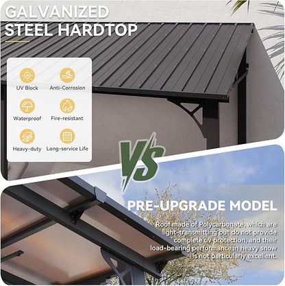 Aoxun 10' x 14' Lean to Gazebo, Upgraded Hardtop Outdoor Pergola with Sloping Galvanized Steel Roof, Large Wall-Mounted Heavy Duty Awnings for Patio, Backyard, Deck, Porch (Dark)