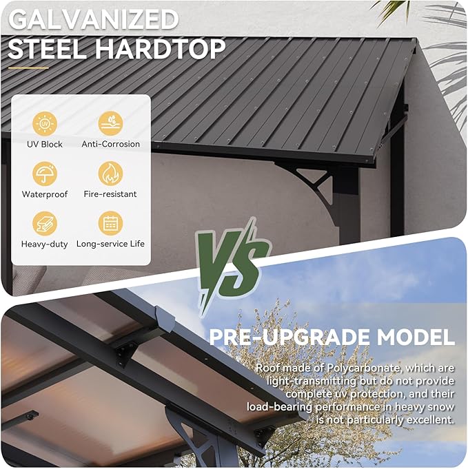 Aoxun 10' x 14' Lean to Gazebo, Upgraded Hardtop Outdoor Pergola with Sloping Galvanized Steel Roof, Large Wall-Mounted Heavy Duty Awnings for Patio, Backyard, Deck, Porch (Black)