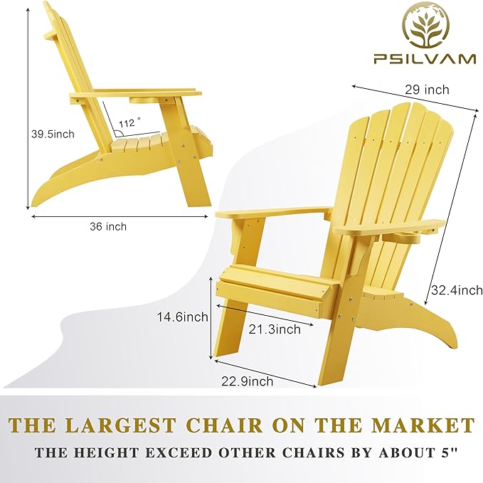Psilvam Adirondack Chair, Oversized Poly Lumber Fire Pit Chair with Cup Holder, 350Lbs Support Patio Chairs for Garden, Weather Resistant Adirondack Chair Looks Like Real Wood (2, Yellow)