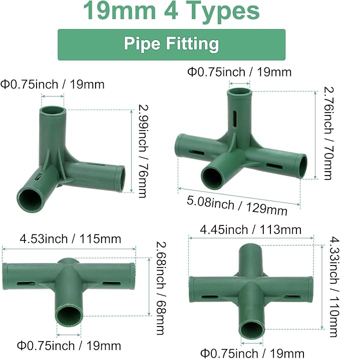 16 Pcs 19mm Greenhouse Frame Building Connectors, 4 Types Pipe Fitting for Grape Trellis/Sunscreen Shed/Gardening Plant Stakes, Greenhouse Accessories [Green]