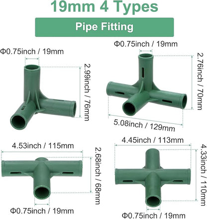 16 Pcs 19mm Greenhouse Frame Building Connectors, 4 Types Pipe Fitting for Grape Trellis/Sunscreen Shed/Gardening Plant Stakes, Greenhouse Accessories [Green]