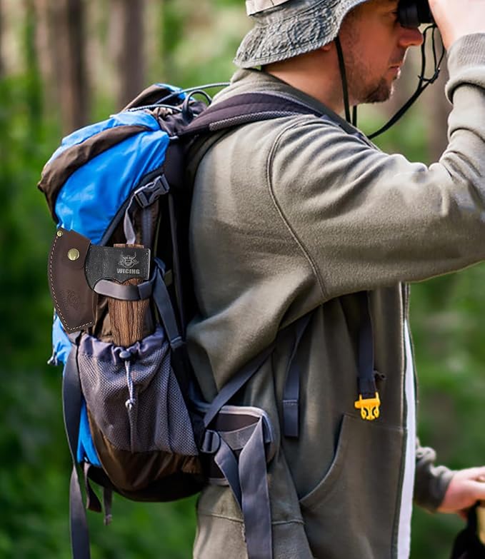 10.6 in Hatchet, 1065 Manganese Steel and Beech Wood Handle with Leather Sheath for Camping, Carving, Bushcraft Outdoor