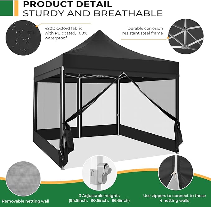 COBIZI 10x10 Heavy Duty Pop Up Canopy with 4 Mosquito Netting Wall, Easy Set Up Commercial Gazebo Party Tent, Outdoor Instant Screen Canopy for Backyard, Patio, Garden, Black