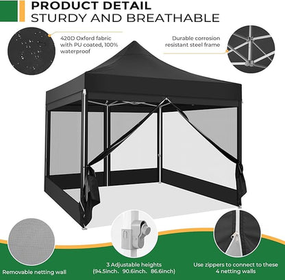 COBIZI 10x10 Heavy Duty Pop Up Canopy with 4 Mosquito Netting Wall, Easy Set Up Commercial Gazebo Party Tent, Outdoor Instant Screen Canopy for Backyard, Patio, Garden, Black