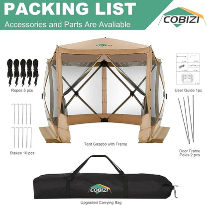 COBIZI 10x10ft Pop up Gazebo Screen House Tent for Camping, Pop-up Camping Canopy with Mesh Windows,Portable Outdoor Quick-Set Hub Tent with Carrying Bag&Ground Stakes,Khaki(Upgraded 2.0)