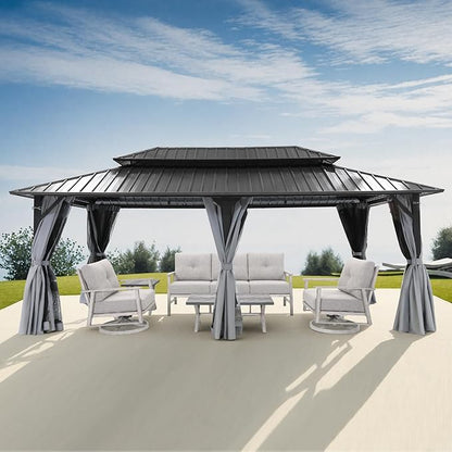 12' x 20' Hardtop Gazebo, Outdoor Patio Gazebo, Aluminum Frame Patio Hardtop Gazebos with Netting and Curtain, Outdoor Patio Pergola with Double Steel Roofs for Deck, Lawn, Parties, Slate Gray