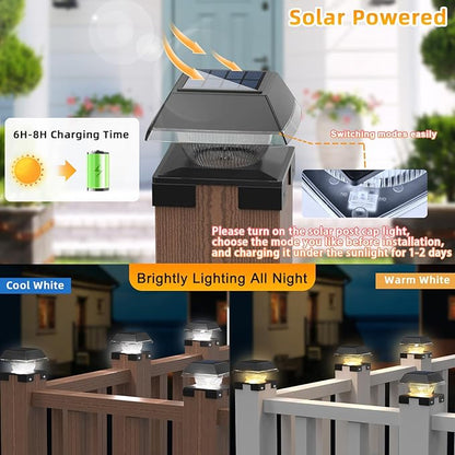 INDARUN 4x4 Solar Post Cap Lights Outdoor Waterproof, Fence Deck Post Solar Lights for 4x4 5x5 6x6 Wooden Posts/4x4 Vinyl Posts, 120Lumen Cool/Warm White, for Porch, Patio, Backyard, Stair(2 Pack)