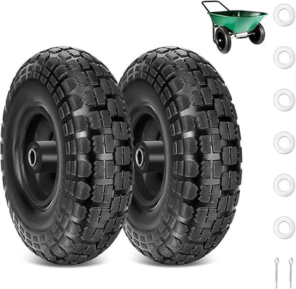 10" Solid Rubber Tires, 2 Pack Flat Free 4.10/3.50-4'' Wheels with 5/8” Axle Bore Hole and Double Sealed Bearings - Compatible with Hand Truck, Wheelbarrow, Dolly, Gorilla Carts, Black