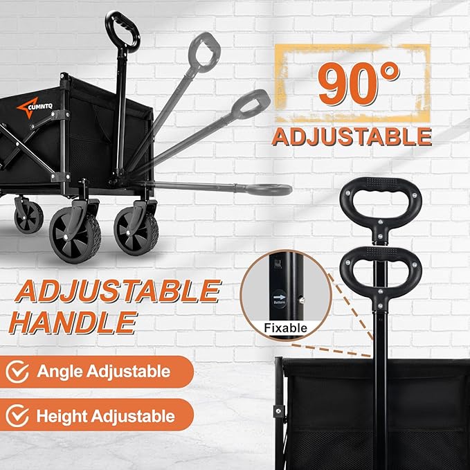 Collapsible Folding Wagon, 350lb Weight Capacity Collapsible Wagon with All-Terrain Wheels, Cup Holders and Adjustable Handle Utility Wagon, for Grocery Camping Garden Sports Shopping, Black