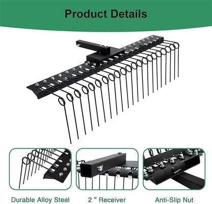 5FT Durable Pine Straw Rake Steel Spring Landscape Rake Fits 2" Receiver for Lawn Tractors or ATV/UTV，Black
