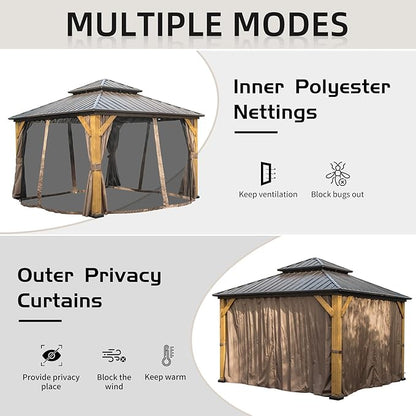 Domi Hardtop Gazebo 12’x12’ Cedar Frame Wood Gazebo with Galvanized Steel Double Roof, Outdoor Permanent Metal Gazebo with Curtains and Netting for Patio,Deck,Backyard