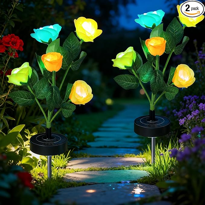 Solar Flowers Lights - Upgraded Outdoor Yellow Rose Flowers Lights, 7-Color Changing & Waterproof Outdoor Solar Lights for Garden, Patio, Backyard,Party and Office (Yellow Rose, 2)